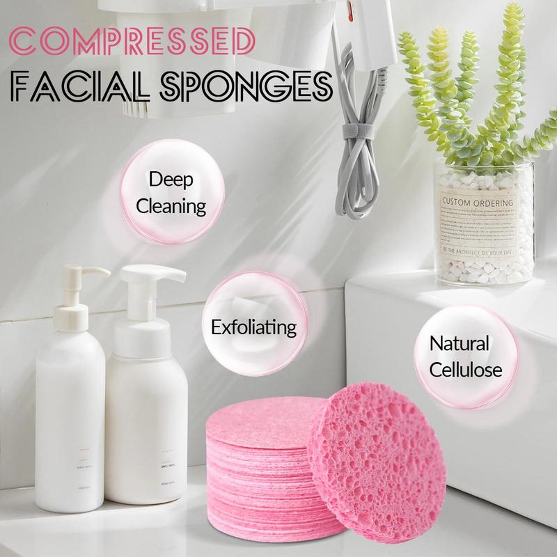 Compressed Facial Sponge, 30 60 100pcs Natural Exfoliating Pads for Sensitive Skin, Reusable Makeup Remover & Gentle Facial Cleanser