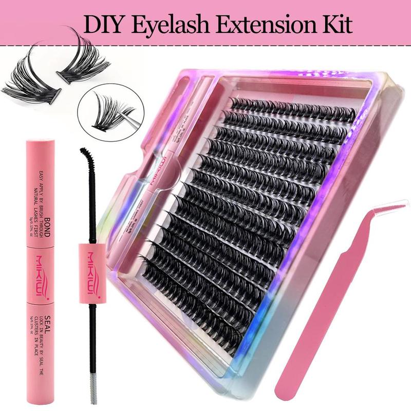 Natural Look Lash Clusters Extensions Kit, Mixed Size Individual False Eyelashes with Lash Glue & Tweezers, Self Grafting Lash Cosmetic