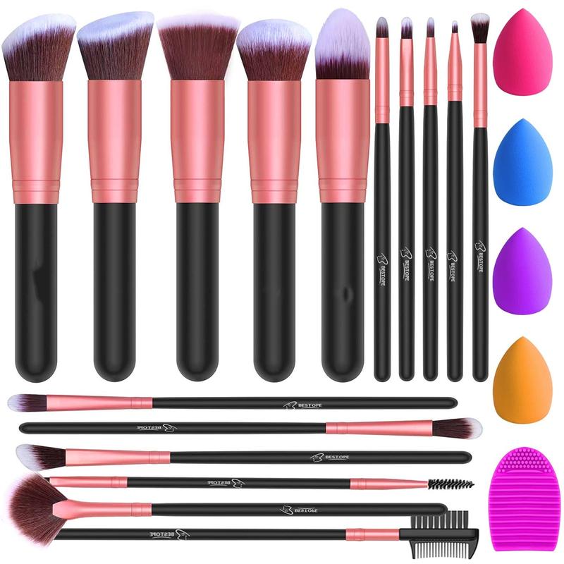 16 Count Rose Gold Makeup Brushes Set with 4 Beauty Blender and Brush Cleaner