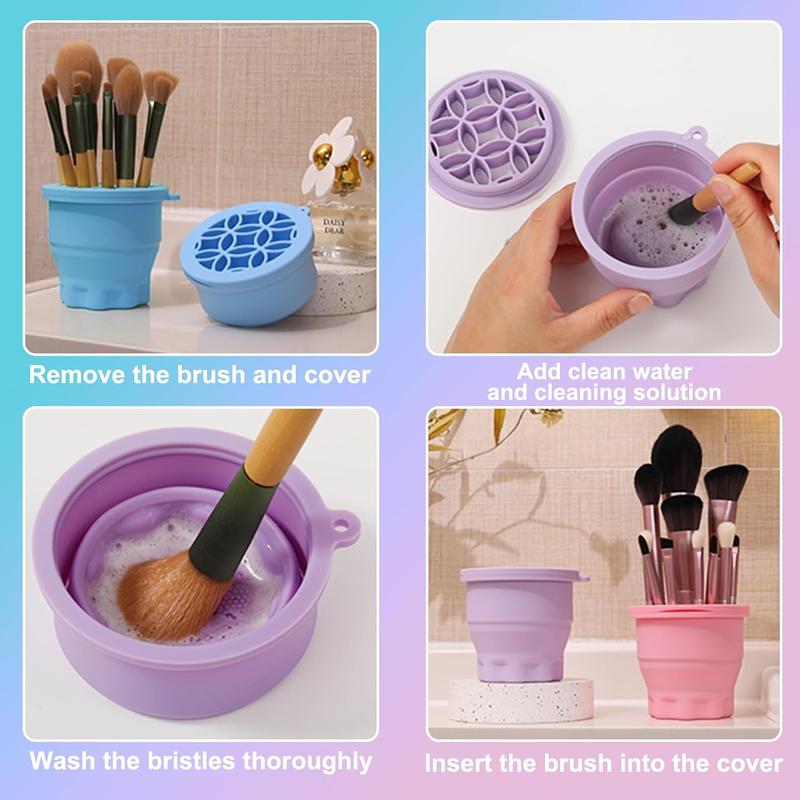 Makeup Brush Cleaning Pad with Storage Stand, Folding Portable Cleaning Tool, 2 in 1 Silicone Cleaning Pad and Makeup Brush Storage Stand