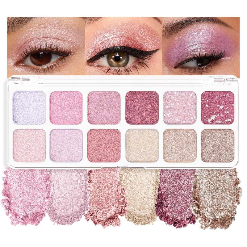 12 Color Pink Rose Red Glitter Eyeshadow Palette for Versatile Day-to-Night Looks - Makeup, Cosmetic