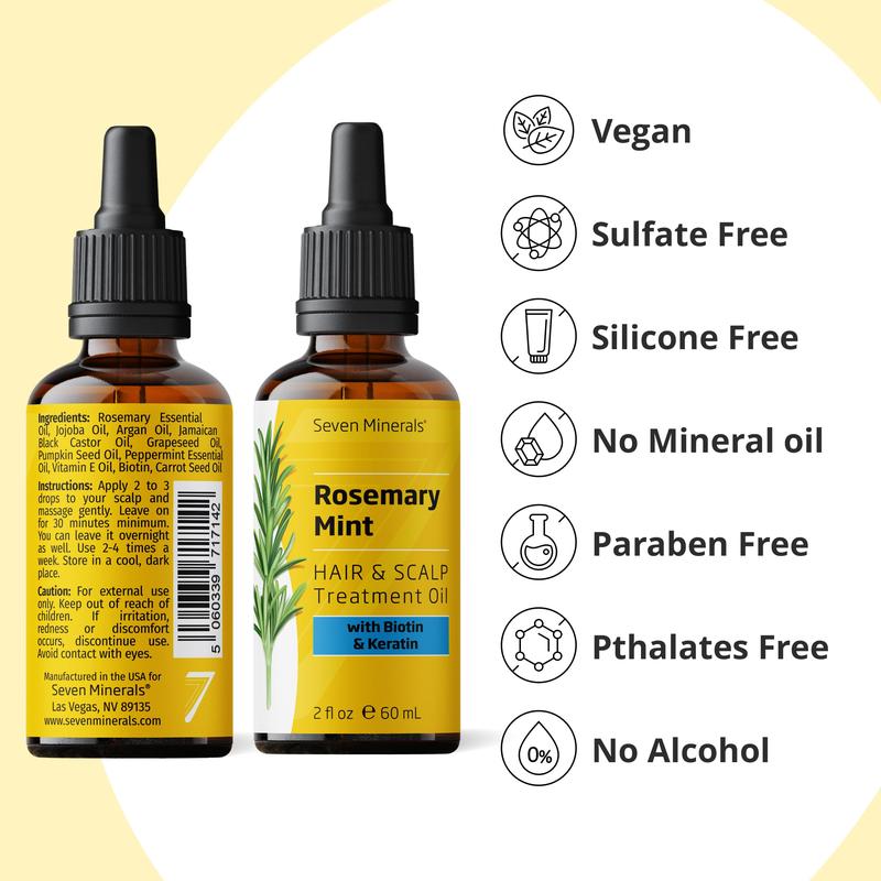 Seven Minerals, Rosemary Oil for Hair Growth - Biotin, Keratin, Mint and Natural Haircare Strengthening Oils, Thicker, Longer, Softer Hair & Comfort