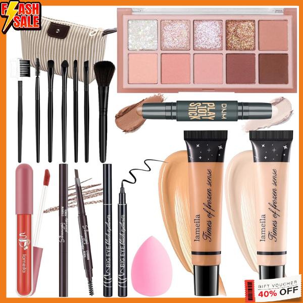 Makeup Set for Girls and Women - Eyeshadow Palette, Foundation, Eyebrow Pencil, Eyeliner, Lip Gloss, Counter Stick, Brush Set Bag & Sponge - Cosmetic