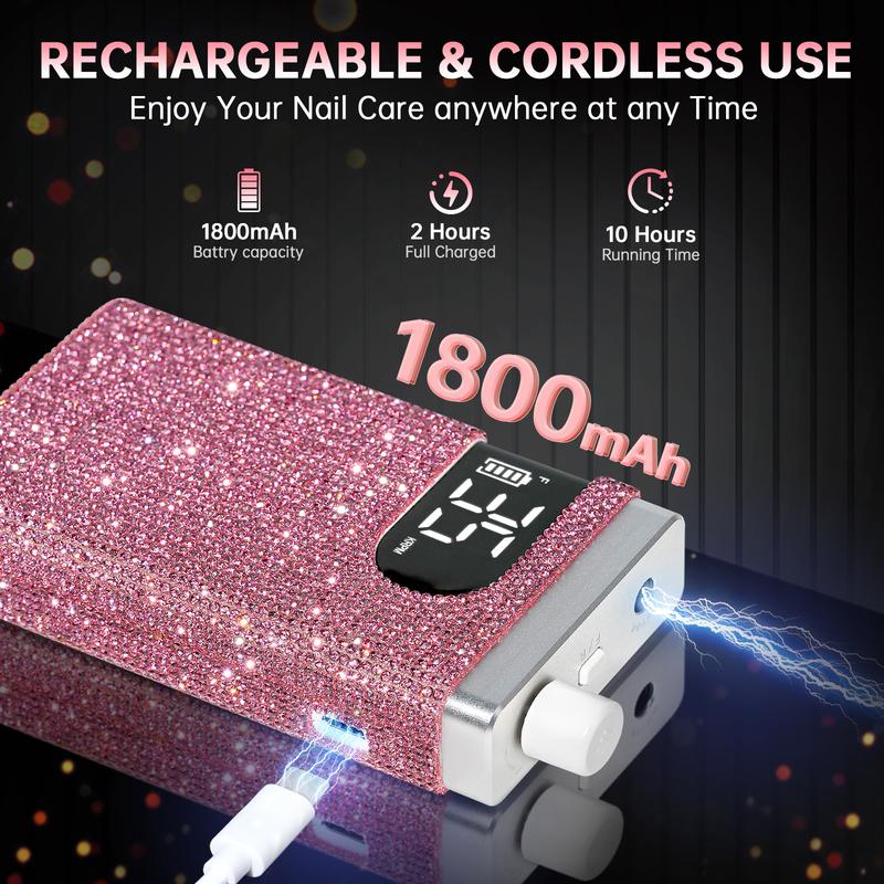 Rechargeable 35000RPM Nail Drill Sparkling Portable Professional Electric Nail File for Acrylic Gel Nails Professional Nail Tools for Manicure Pedicure, Pink