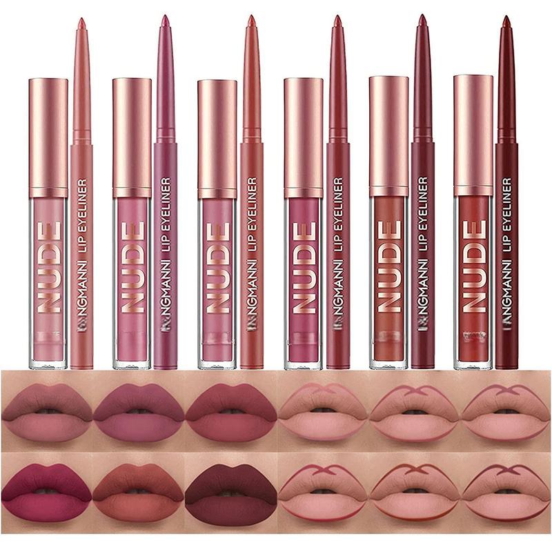 12Pcs Matte Liquid Lipstick + Lip Liner Pens Set, One Step Lips Makeup Kits Pigment Velvety Nude Lip Stain Waterproof Long Wear Lip Gloss Make up Gift Set (Set A)