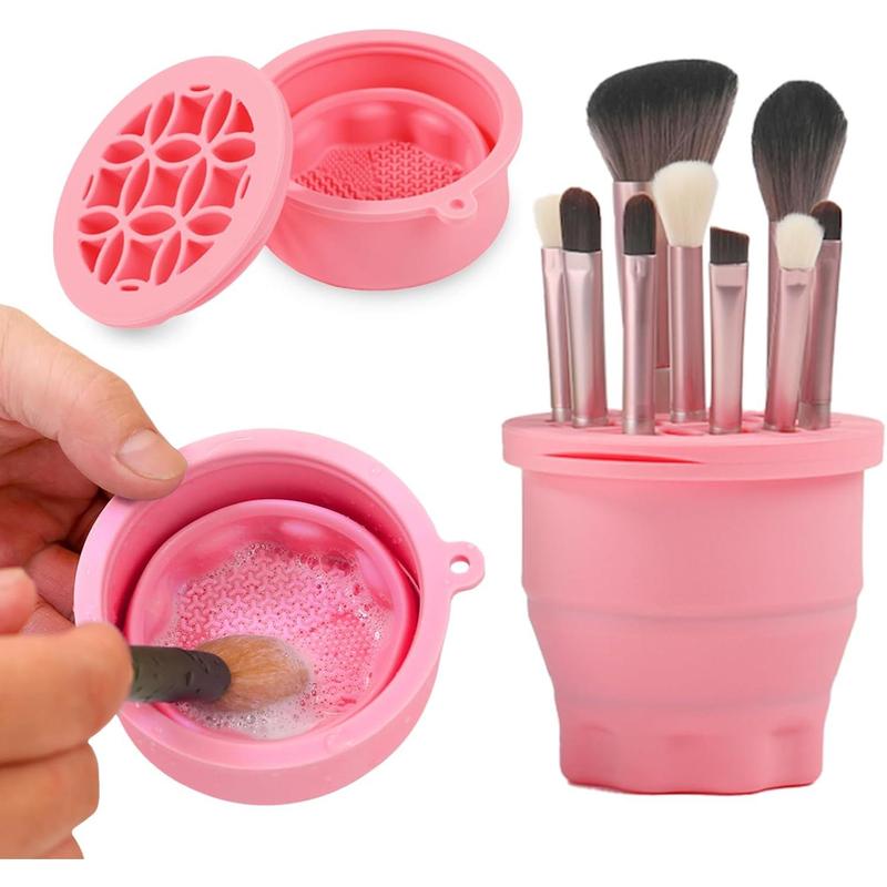 Makeup Brush Cleaning Pad with Storage Stand, Folding Portable Cleaning Tool, 2 in 1 Silicone Cleaning Pad and Makeup Brush Storage Stand