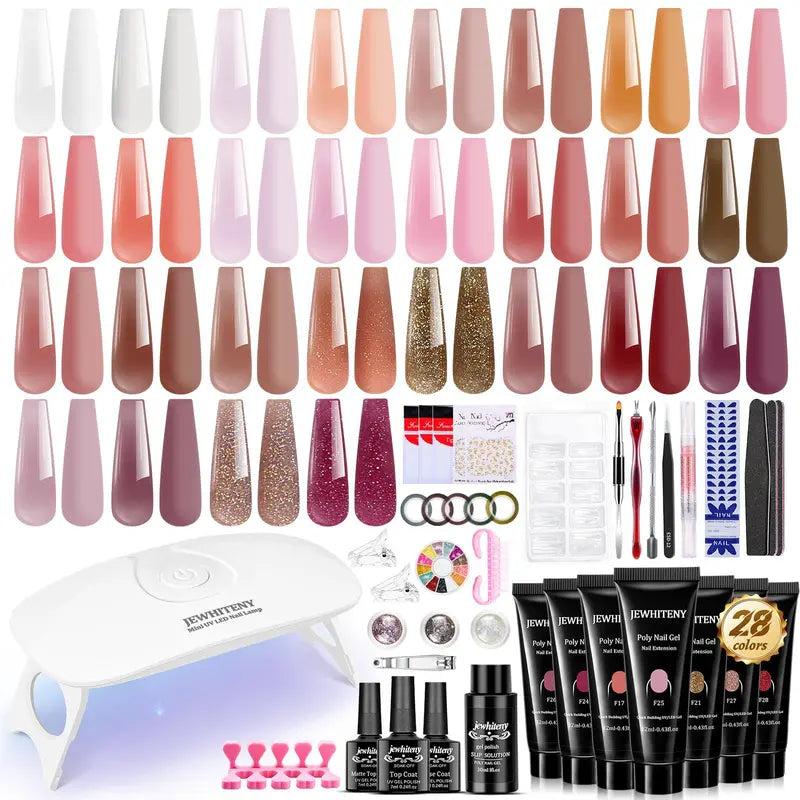 JEWHITENY Poly Extension Gel for Nail, 28 Colors Poly Gel Nail Kit with Nail Lamp Slip Solution Builder Nail Gel Trendy Nail Art Design Nail Extension Gel All in One Nail Kit Easy DIY at Home