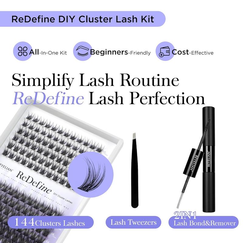 Cluster Lashes Kit Lash Extension Kit D Curl 10-16mm Mix 144 Pcs Lash Clusters Lit with Lash Bond and Seal Lash Remover and Lash Applicator for Self Application at Home (JHD16,Black)