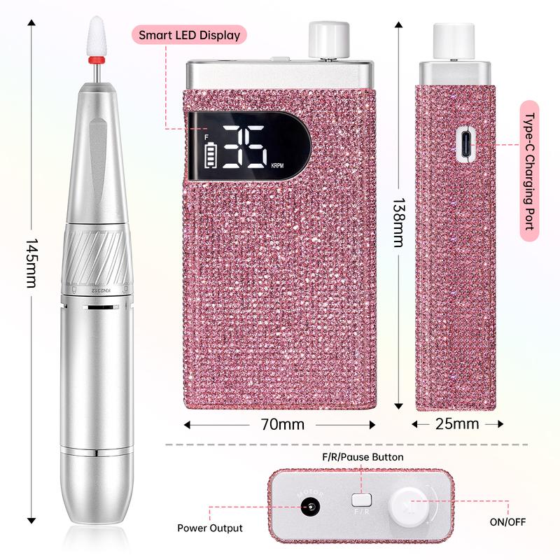 Rechargeable 35000RPM Nail Drill Sparkling Portable Professional Electric Nail File for Acrylic Gel Nails Professional Nail Tools for Manicure Pedicure, Pink