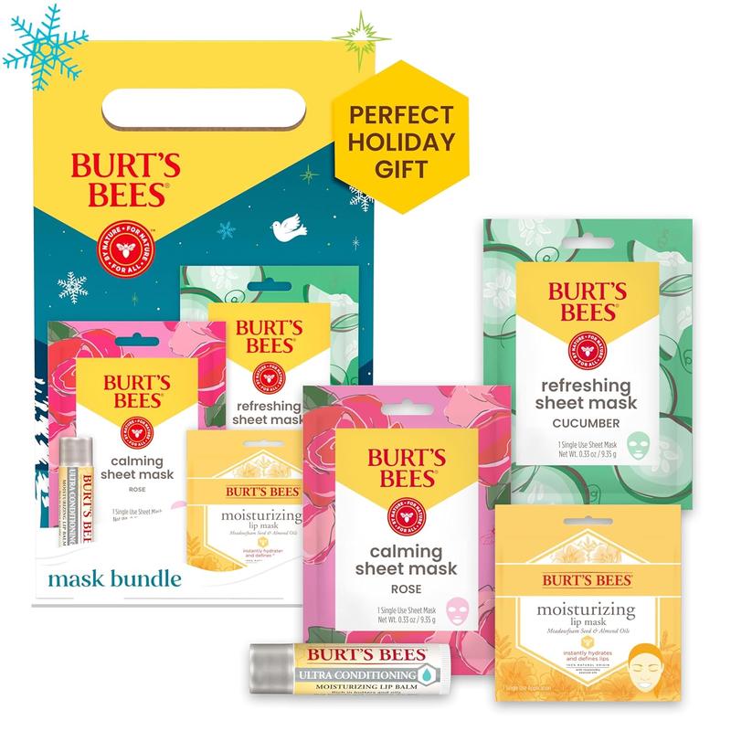 Burt’S Bees Christmas Gifts, Mask Bundle Stocking Stuffers Gift Set; Moisturizing Lip Mask, Ultra Conditioning Lip Balm, Refreshing Sheet Mask, Calming Sheet Mask; Festive Packaging; 1 Gift Set Burt's Bees Burt's Bees Burt's Bees Burt's Bees Burt's Bees