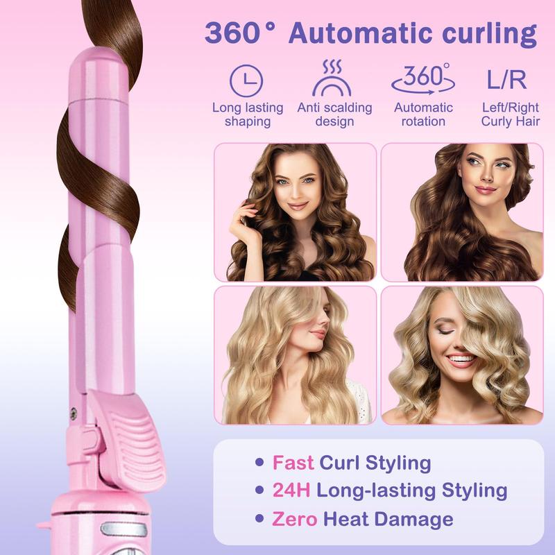 Rotating Curling Iron 1.1 inch Automatic Hair Curler for Beach Waves, Professional Tourmaline Ceramic Auto Curling Wand with 30s Heat-up Comfort- Pink Sunset-BlackFriday