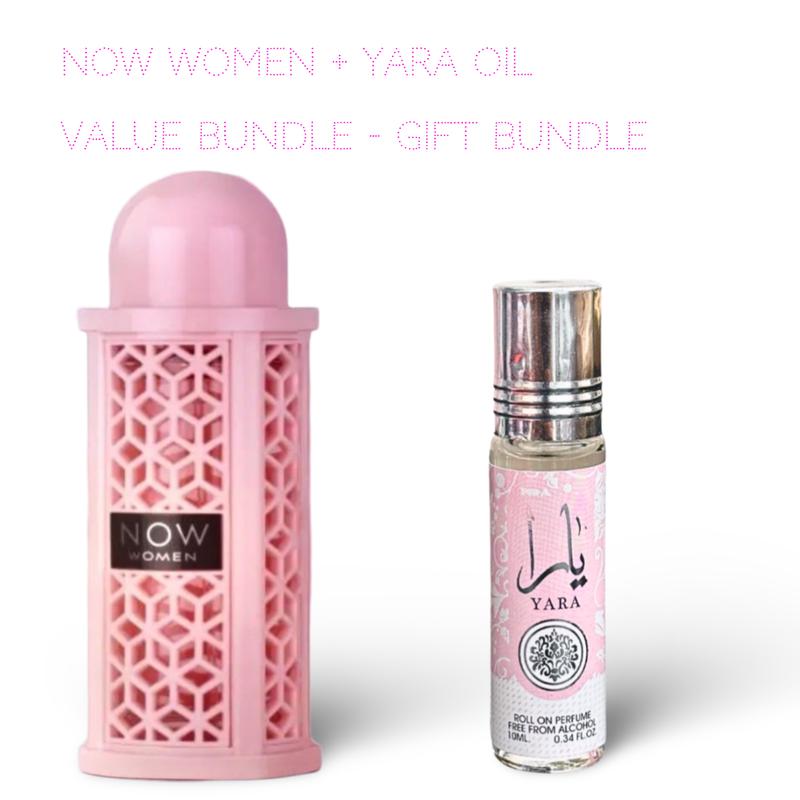 Lattafa Perfumes Now Women 100ml (3.4 Fl oz) + Yara 10ml (0.34 Fl.oz) Roll On Perfume Oil - Long Lasting Perfume - Value Bundle  Fragrance Gift Bundle