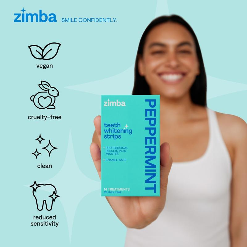 Zimba Teeth Whitening Strips Vegan, Enamel Safe, Hydrogen Peroxide Teeth Whitener for Coffee, Wine, and Other Stains, 28 Strips, Daily Oral Care