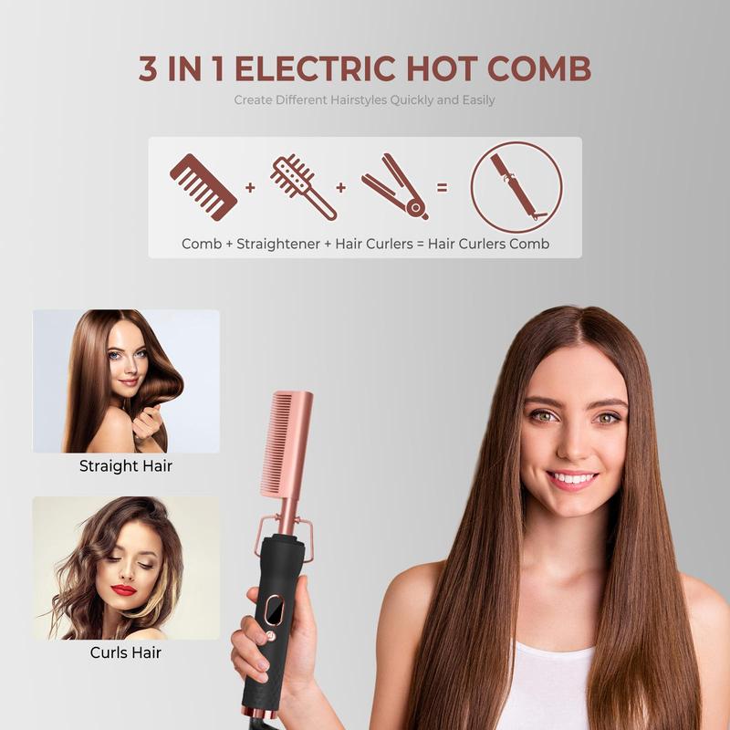 Portable Hair Straightening Comb, Professional Heated Hair Straightener for Women, Hair Curling Iron for Home & Salon Use