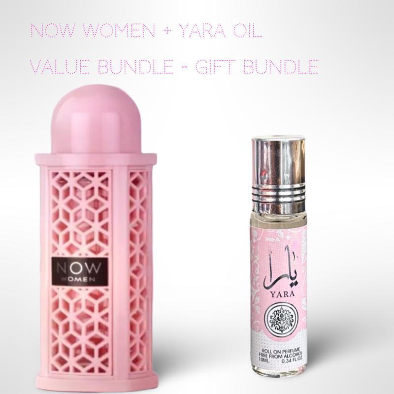 Lattafa Perfumes Now Women 100ml (3.4 Fl oz) + Yara 10ml (0.34 Fl.oz) Roll On Perfume Oil - Long Lasting Perfume - Value Bundle  Fragrance Gift Bundle