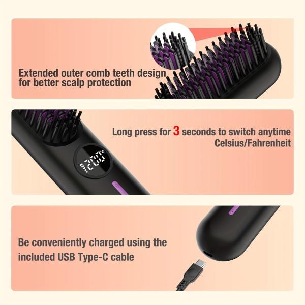 Travel-Ready Cordless Hair Straightener Brush | 2024 Upgrade with 9600mAh Battery, 7 Heat Settings & Anti-Scald Design | Lightweight & USB Rechargeable for Effortless Styling Anywhere!