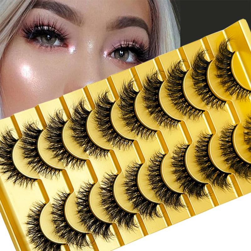 Fluffy False Eyelashes Cluster, 10 Pairs Wispy Cat Eye Look Curling Strip Lashes, Natural Curl Fake Eyelashes for Women Eye Makeup Enhancement