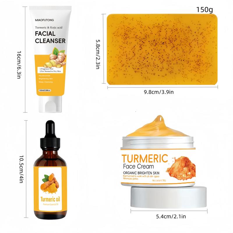 Turmeric Skincare Sets, Kojic Acid Facial Cleanser &  Turmeric Soap & Essential Oil & Face Cream Sets for Dark Spot, 4 Counts set Daily Skincare Christmas Gift for All Skin Types