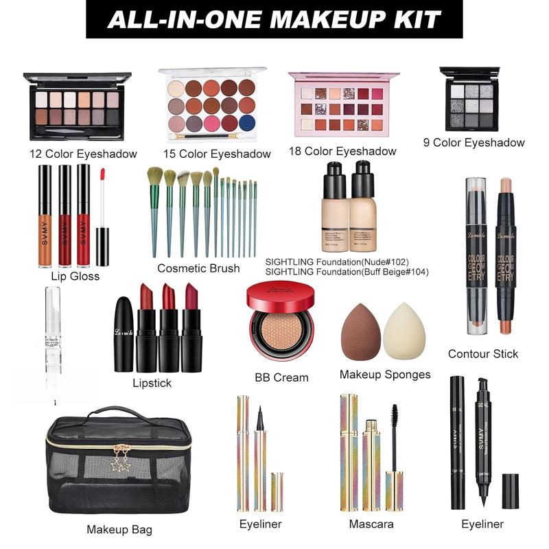 All In One Makeup Kit, Travel Makeup Kit, Makeup Kit for Women Full Kit, Makeup Gift Set for Women & Girls, Includes Foundation Eyeshadow Palette Lipstick Eyeliner Mascara  Brush Set