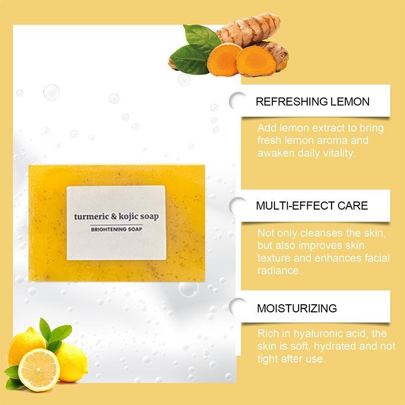 Lemon Turmeric Kojic Acid Cleansing Brightening Soap Bar with Soap Net for Men & Women, Daily Skincare Face & Body Wash Soap for Most Skin Types