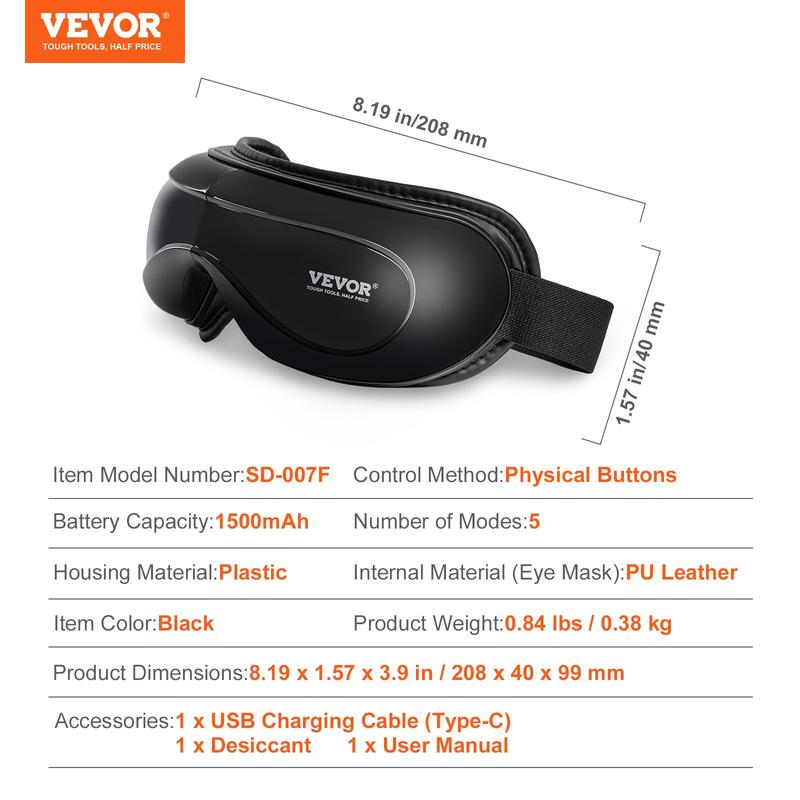 VEVOR Heated Eye Massager Eye Care Device 5 Modes Bluetooth Music 180° Foldable