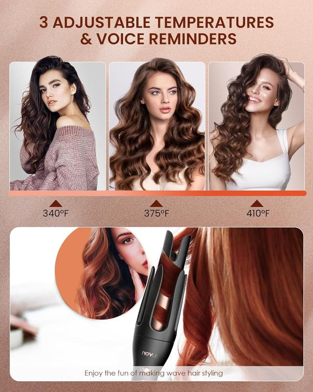 Novus 1.25” Rotating Curling Iron for Effortless Beach Waves, Auto Hair Curler with 60M Ions, Anti-Scald & Fast Heating for Quick Styling