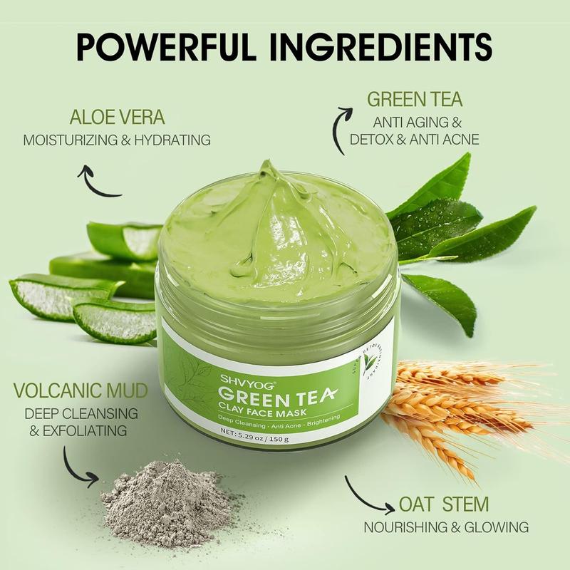 Green Tea Face Mask, Antioxidant Green Tea Clay Mask with Volcanic Mud, Deep Cleansing & Moisturizing & Hydrating Clay Facial Mask for Pores, Blackheads, Wrinkles, Dirts