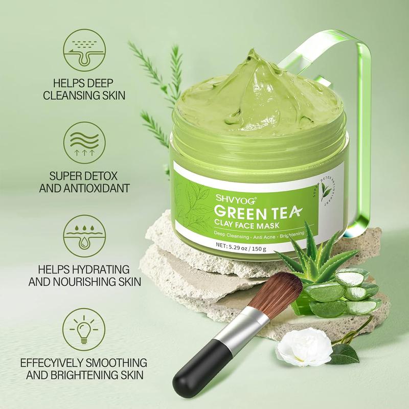 Green Tea Face Mask, Antioxidant Green Tea Clay Mask with Volcanic Mud, Deep Cleansing & Moisturizing & Hydrating Clay Facial Mask for Pores, Blackheads, Wrinkles, Dirts