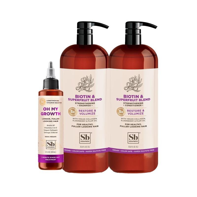 Soapbox Biotin & Superfruit Volumizing Haircare Essentials Set - Strengthen & Nourish with Safe, Vegan Ingredients for Fuller, Healthier Hair - Sulfate-Free & Paraben-Free - 3-Step System for All Hair Types (Shampoo, Conditioner & Treatment)