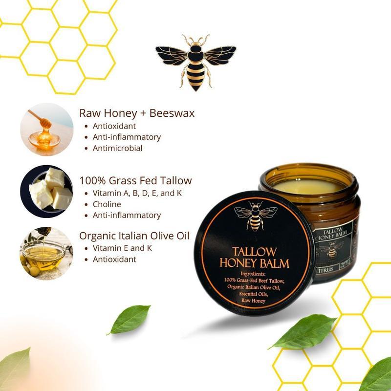 Organic Grass-Fed Beef Tallow Balm with Raw Honey - Nourishing Cream for Soft, Radiant Skin - Handmade All-Natural Moisturizer - 2 oz Skincare