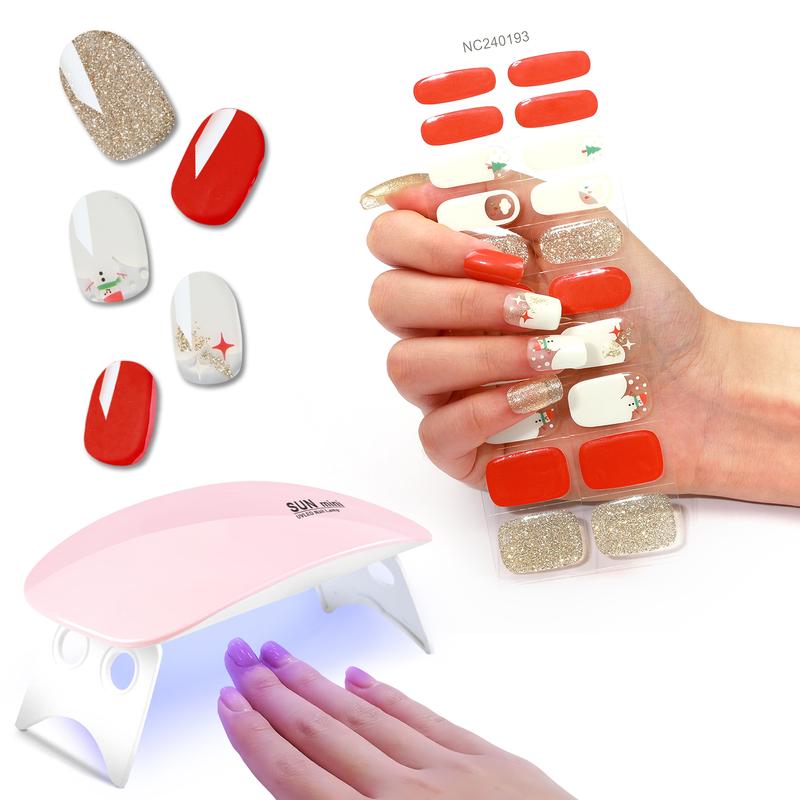 Gel Nail Strips LED nail Lamp Kit,, 20 pcs Gel Nail Stikers, Gel Nail Wraps Semi Cured, Long Lasting Salon-Quality, includes Nail File,Wooden Stick,12W LED nail lamp,Golden, Red and White Charm nail art