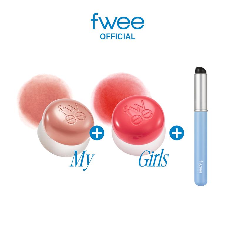 [My Girls] fwee Lip&Cheek Blurry Pudding Pot | Makeup Blush and Blurred Matte Lips | Pudding Texture, Airbrushed Finish | 2 colors (My+Girls) + Lip brush makeup set