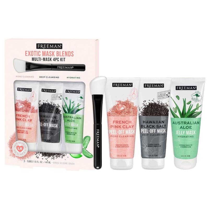 Exotic Blends Facial Mask 4 Piece Set, Mini Size, Travel Friendly Face Masks, Clearing & Hydrating, For All Skin Types, Mask Brush, Stocking Stuffer, Vegan & Cruelty-Free, 1.5 fl. oz Each