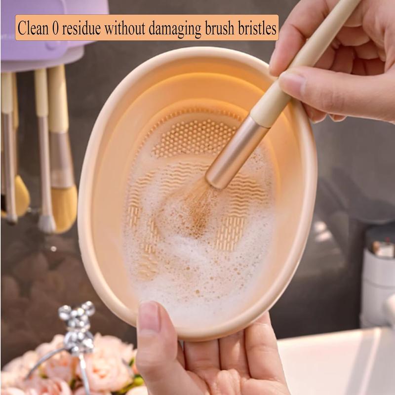 Makeup Brush Cleaning Mat with Brush Drying Holder, 2 in 1 Silicone Cosmetic Brush Cleaning Scrubber Portable Washing Tool Makeup Brush Cleaner (Foldable Khaki)