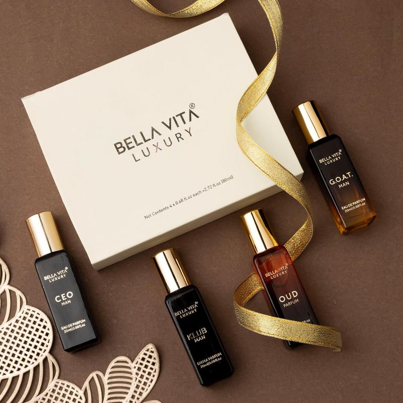 BellaVita Luxury's Perfume Gift Set for Men | 4 Luxury Minis | Long Lasting | Oud, CEO Man, Klub Man, G.O.A.T.| Eau De Parfum | Portable Perfume Kit