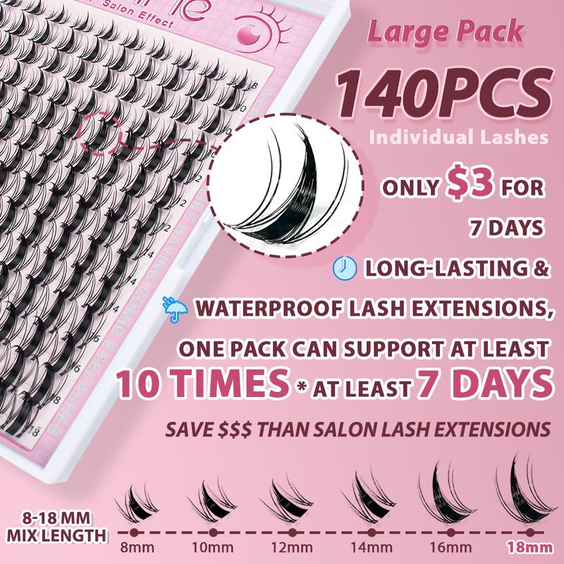 uCoolMe Lashes Fairy Lashes Cluster C Curl 140 Pcs Individual Lash Clusters False Eyelashes Extension Natural Look Beginner Friendly Bond Seal Remover Ultra-Thin Band Makeup 8-18mm Manga Anime Christmas gift