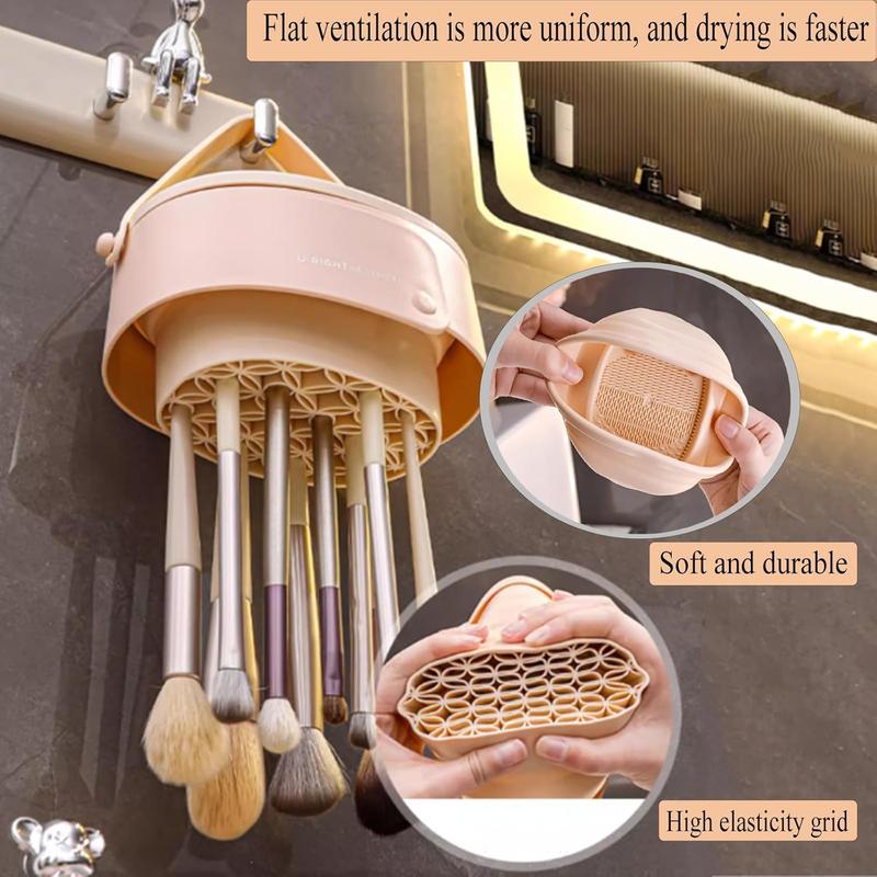 Makeup Brush Cleaning Mat with Brush Drying Holder, 2 in 1 Silicone Cosmetic Brush Cleaning Scrubber Portable Washing Tool Makeup Brush Cleaner (Foldable Khaki)