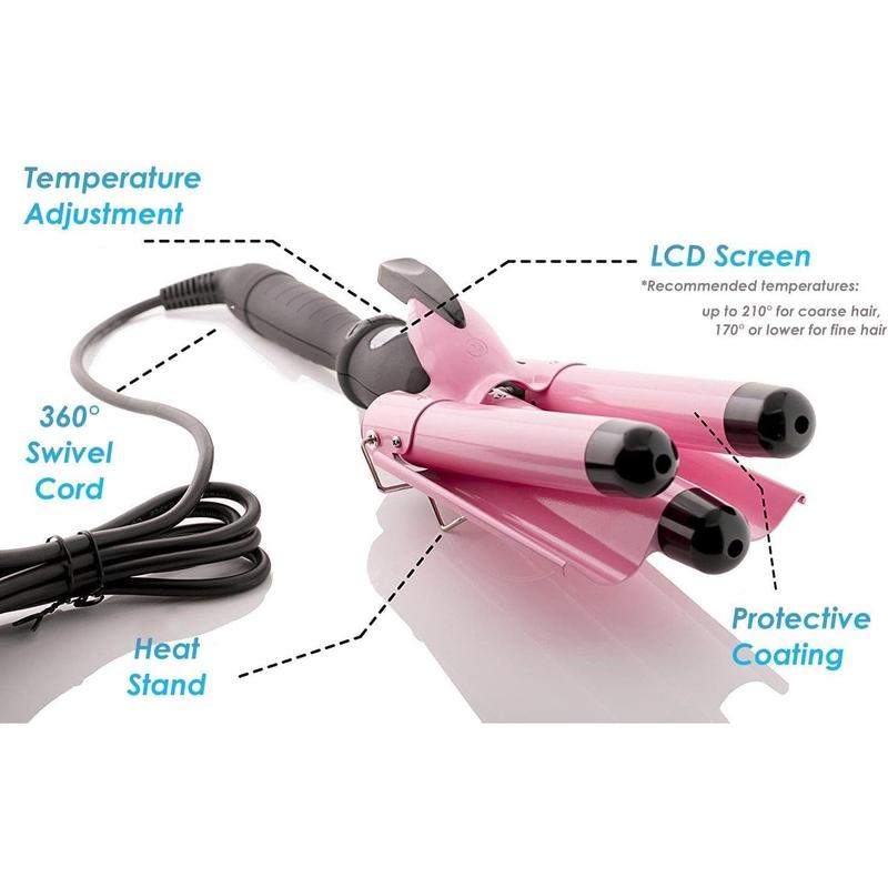 3 Barrel Hair Waver for Beachy Frizz-Free Waves w LCD Temperature Display - 1 Inch Ceramic Tourmaline Triple Barrels, Dual Voltage Crimping Tool Lightweight Comfort Curler