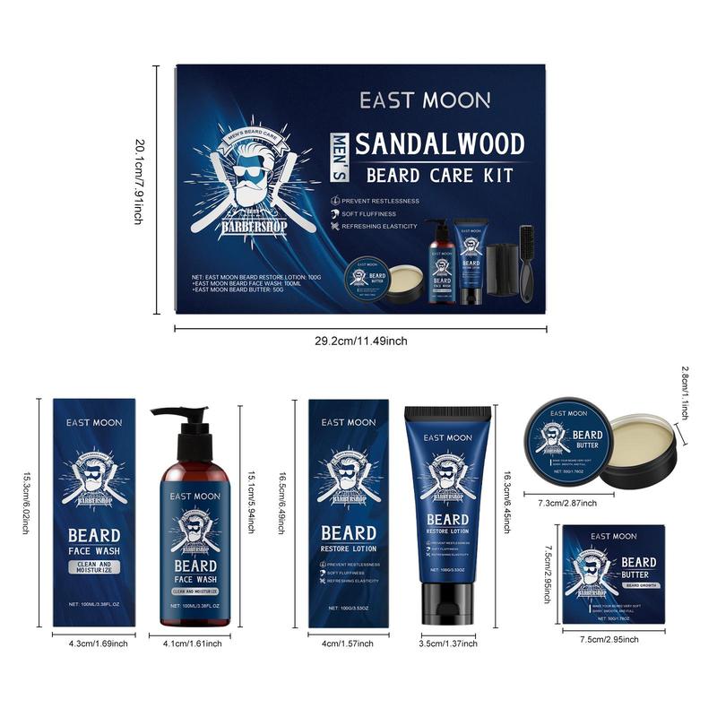 Men's Sandalwood Beard Care Kit, 5 Counts set Beard Shampoo & Conditioner & Brush & Comb & Moisturizing Oil, Beard Care Set for Men