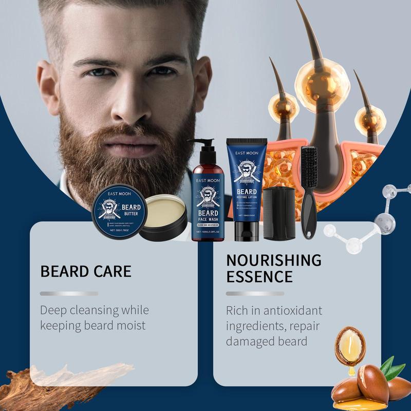 Men's Sandalwood Beard Care Kit, 5 Counts set Beard Shampoo & Conditioner & Brush & Comb & Moisturizing Oil, Beard Care Set for Men