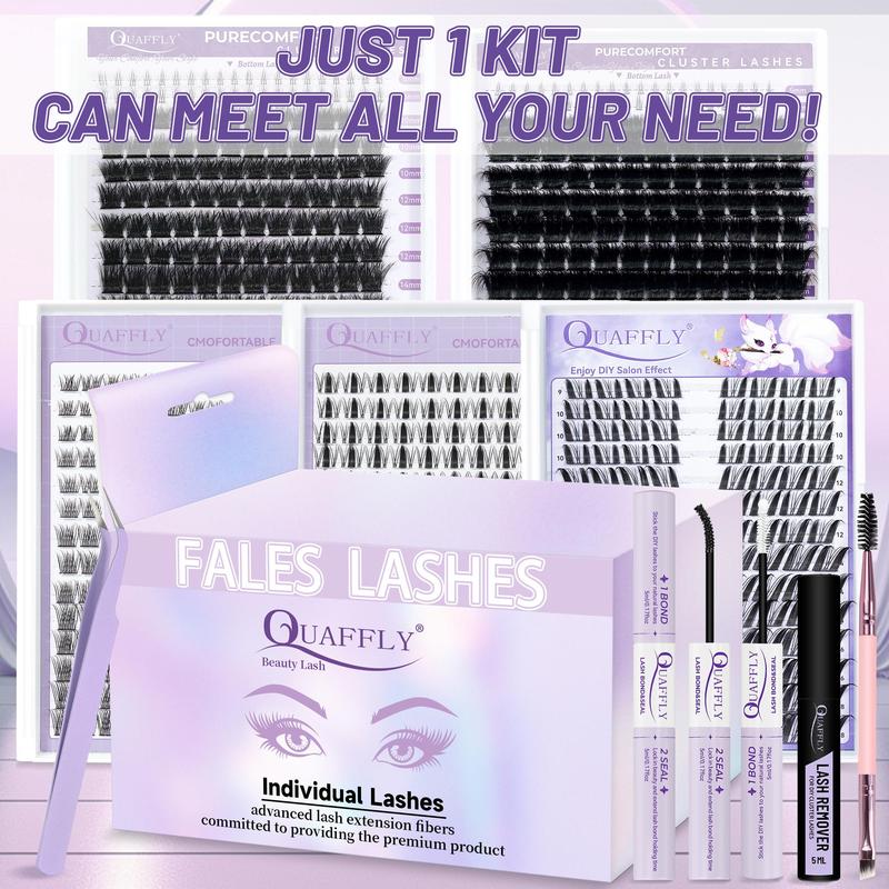 False Eyelashes Kit, 1 Box Individual False Eyelashes with Eyelash Glue & Tweezers & Brush & Glue Remover, Professional Eye Enhancement Tools for Women