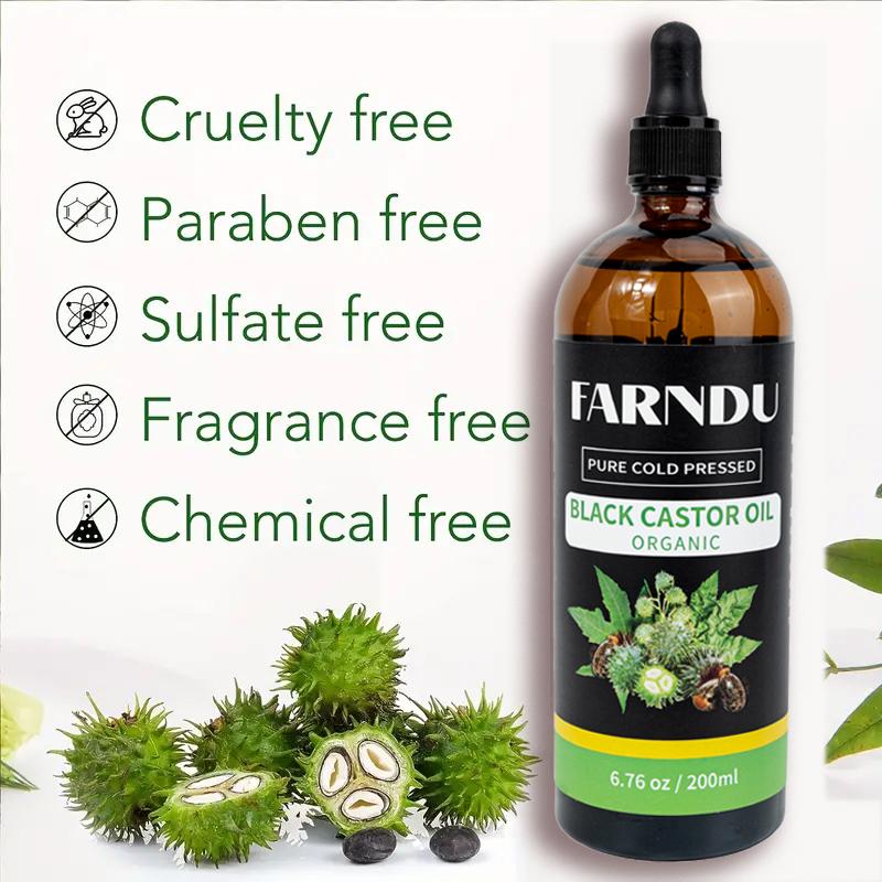 FARNDU,(6.76 Oz)  Thick Castor Oil & care package,  Organic Glass Bottle Pure Cold-Pressed -  massage oil,Natural Virgin Castor Oil Unrefined Moisturizing for Skin Hair Growth for Eyelashes, Hexane & BPA Free Haircare Kit