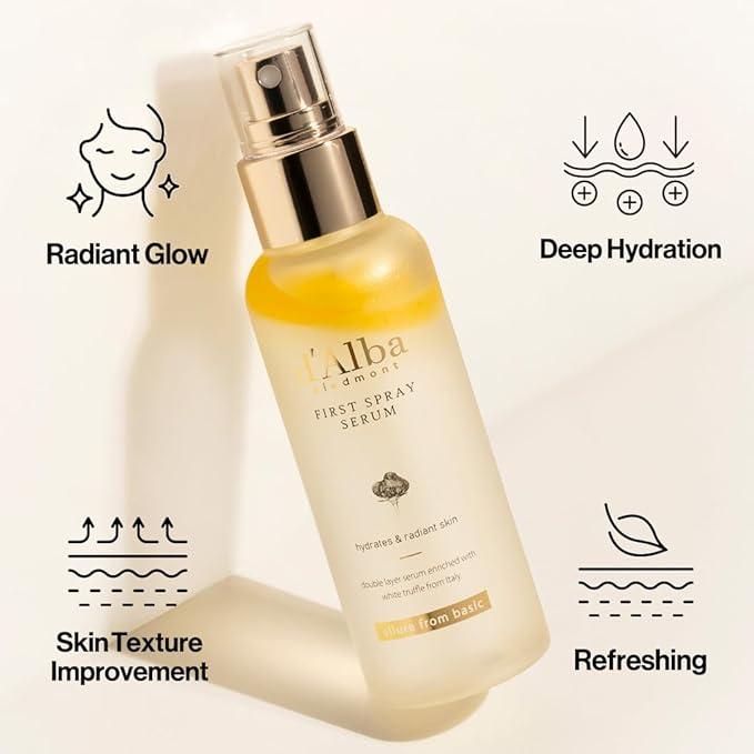 d'alba Piedmont Italian White Truffle First Spray Serum, Vegan Skin Care, Light-weight Face Moisturizer, Glow Serum for Radiant Skin, Non Comedogenic, All In One Mist, Korean Skin Care (3.38 fl oz.) fresh  skin