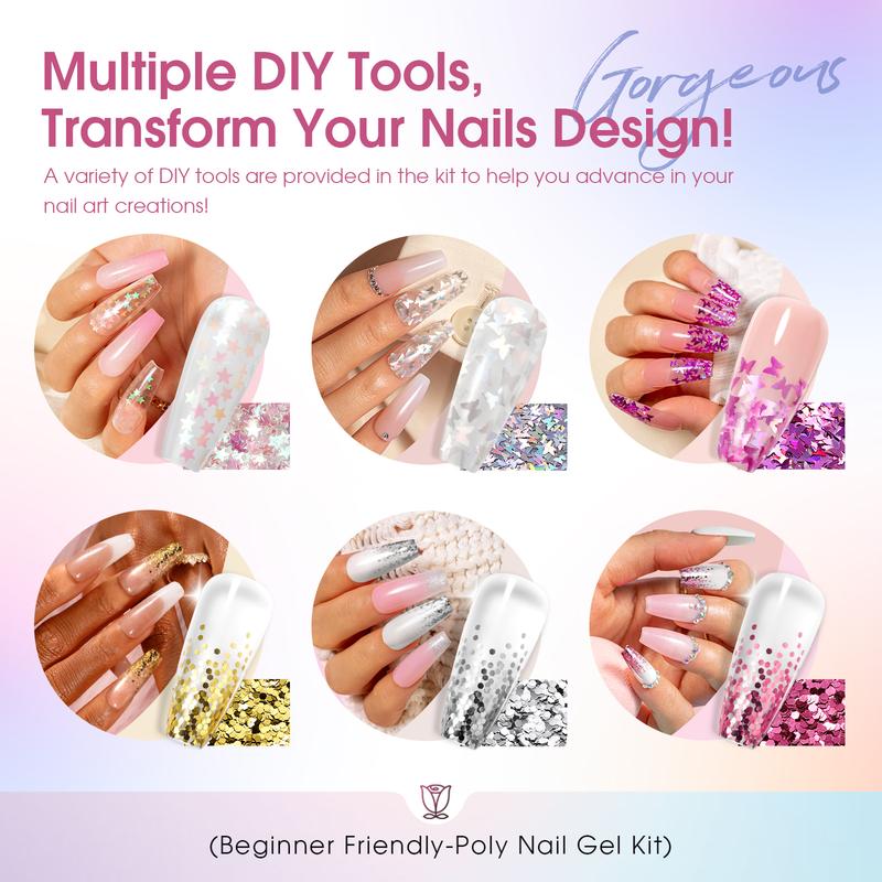 ROSALIND Poly Nail Gel Kit with U V Light, 20 Colors Clear Natural Pink Poly Nail Gel Starter Kit Glitter Pink Poly Nail Gel Kit with Tools for French Nail Art DIY