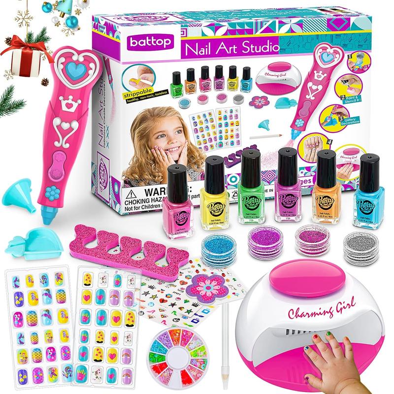 Kids Nail Polish Set for Girls, Nail Art Kits with Nail Dryer & Glitter Pen, Quick Dry & Peel Off & Non-Toxic Nail Polish Birthday Gifts for Girls Ages 6 7 8 9 10 11 12