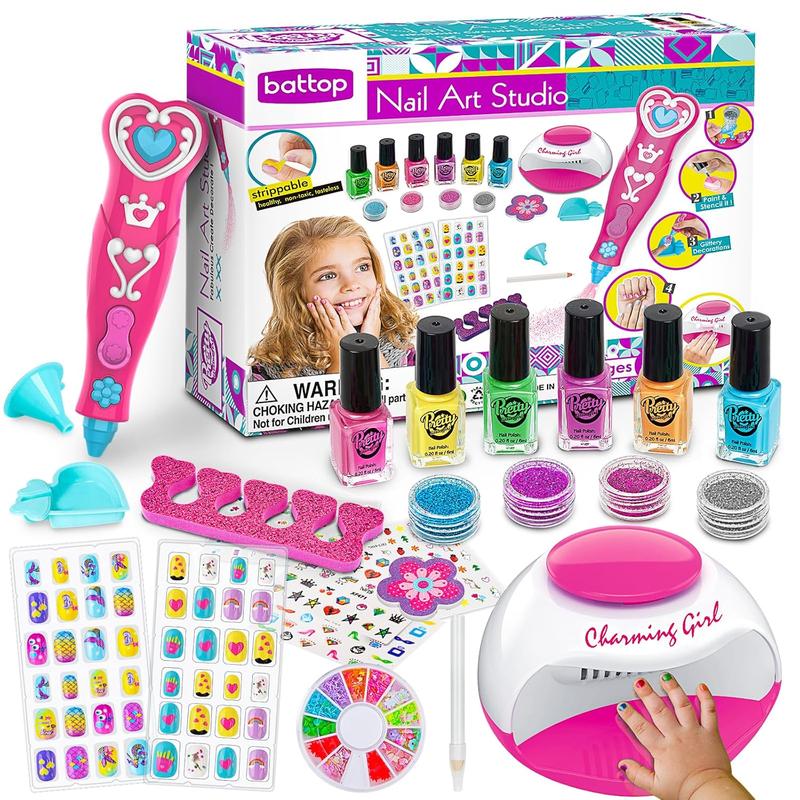 Kids Nail Polish Set for Girls, Nail Art Kits with Nail Dryer & Glitter Pen, Quick Dry & Peel Off & Non-Toxic Nail Polish Birthday Gifts for Girls Ages 6 7 8 9 10 11 12