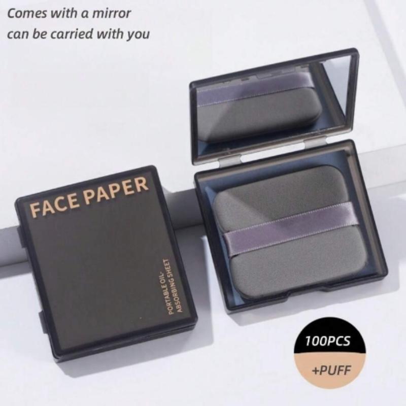 Portable Oil Absorbing Face Paper with Mirror & Puff, 100pcs set Oil Control Face Paper, Makeup Blotting Paper for Oily Skin