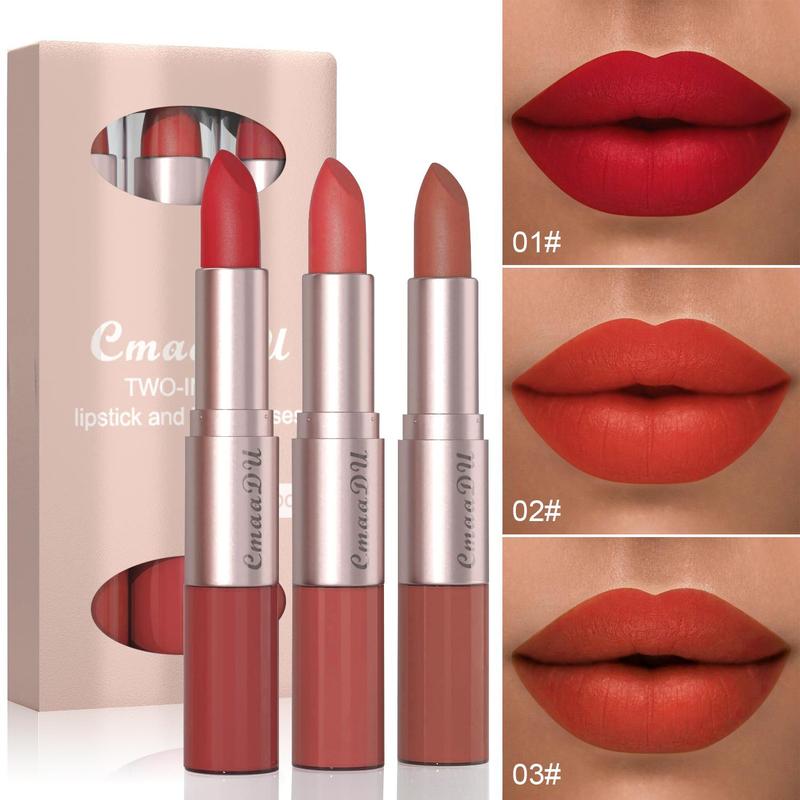 2 in 1 Long Lasting Lipstick, 3 Counts set Water Proof Matte Lip Balm, Easy Coloring Lip Sticks, Moisturizing Matte Lipstick for All Occasions Lip Makeup