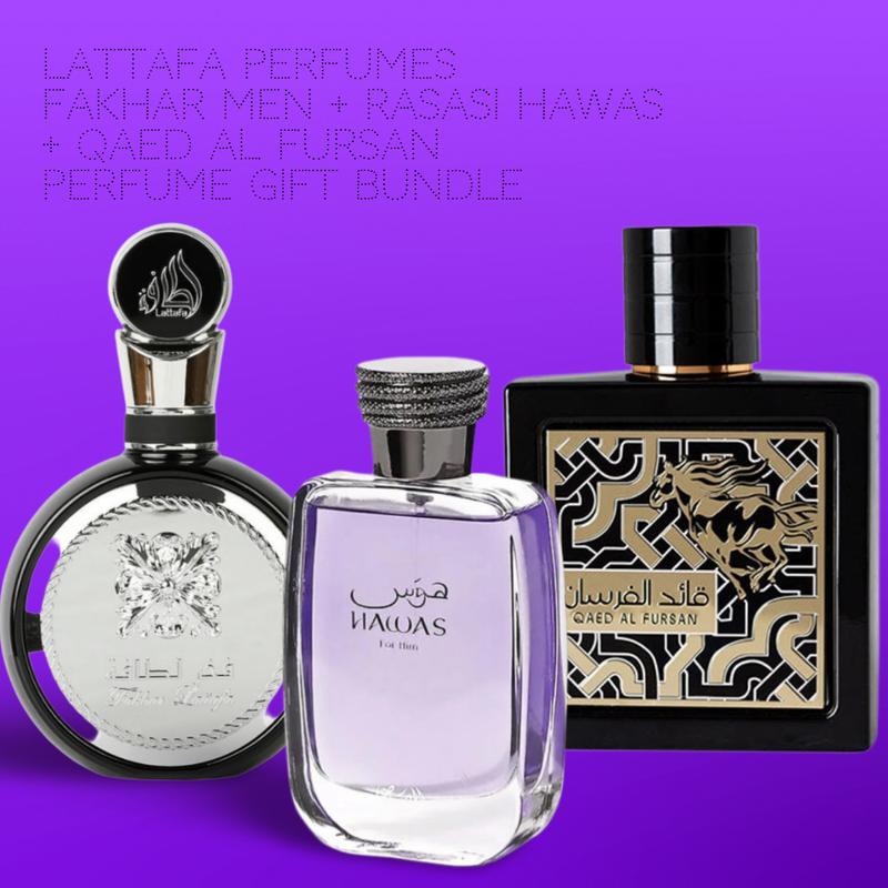 Lattafa Perfumes Fakhar men + Rasasi Hawas + Qaed Al Fursan 100ml (3.4 Fl oz) Long Lasting Perfume - Value Bundle - Fragrance Gift Bundle