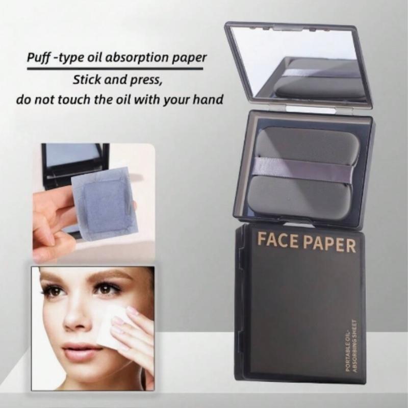 Portable Oil Absorbing Face Paper with Mirror & Puff, 100pcs set Oil Control Face Paper, Makeup Blotting Paper for Oily Skin